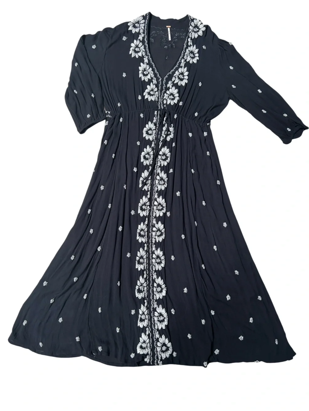 Free People Fable Embroidered Peasant Boho Midi Dress White Floral Embroidery, M